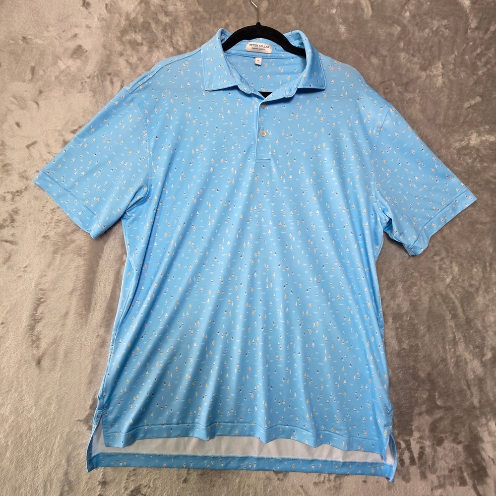 Peter Millar Summer Comfort Blue Sailboat Print Golf Polo Shirt Mens Medium